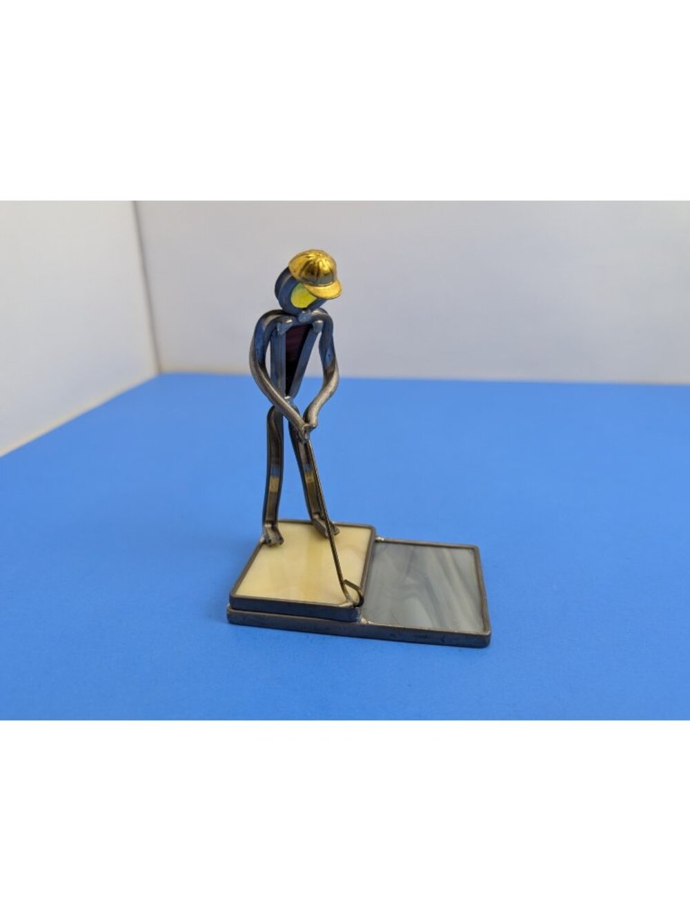Vintage Golfer Stained Glass Folk Art Notepad Holder Brutalist Desk Office Decor